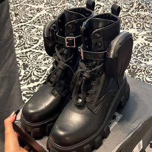 black combat boots with buckle on the side